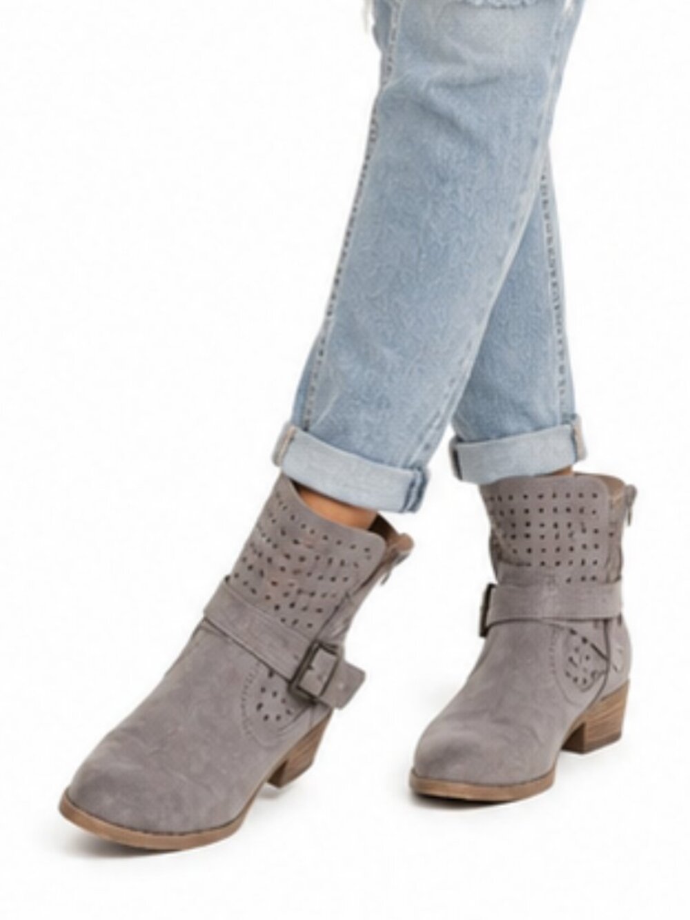 Restricted Gray Suede Laser Cut Buckle Ankle Booties Women's Size 6.5